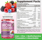 Iron Gummies with Multivitamin, Iron Supplement for Women & Men, Kids Multivitamin with Iron, Zinc, Vitamin B Complex & C, B12, Folate - Blood Builder, Energy Support, Peach Flavor, Vegan 120 Gummies