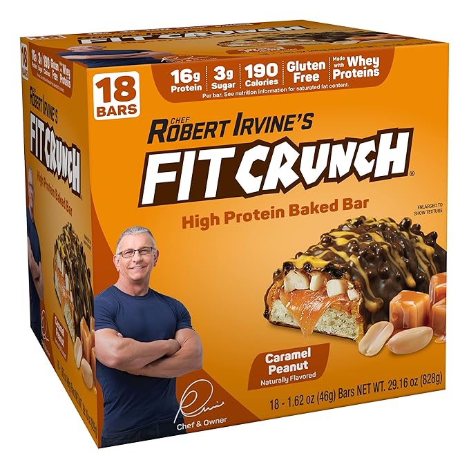 FITCRUNCH Snack Size Protein Bars, 6-Layer Baked Bar, 3g of Sugar & Soft Cake Core (18 Bars, Caramel Peanut)