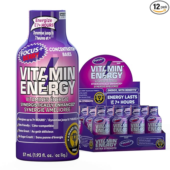Vitamin Energy Focus+ Extra Strength Energy Shot Berry 12 Pack, 260mg Natural Caffeine, B-Vitamins, CoQ10, Amino Acids, Focus, Productivity & Clarity, Zero Sugar, Gluten-Free, 1.93 fl oz