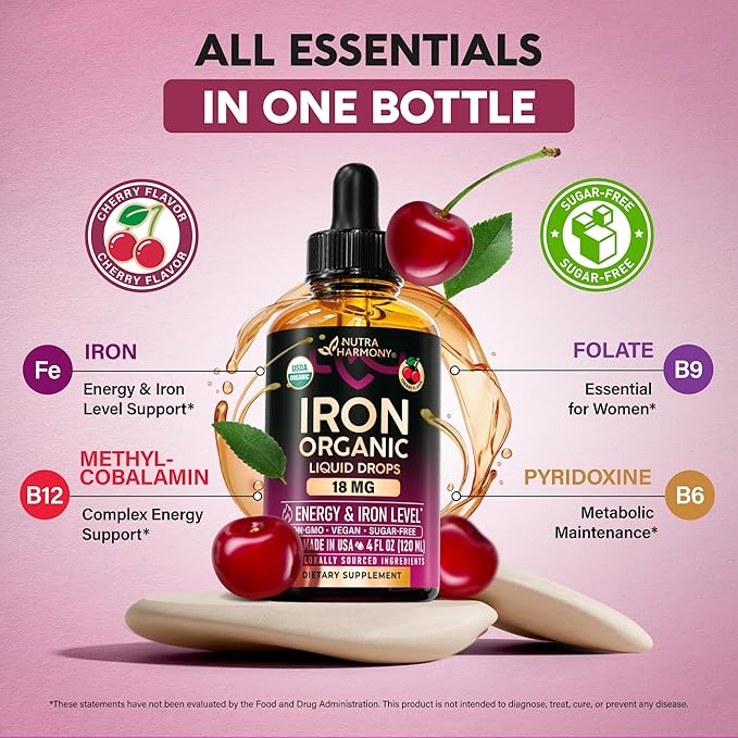 Liquid Iron Supplement for Women 18 mg - USDA Organic Drops, USA-Made - with Folate, Vitamin B12 & B6 - Iron Level & Energy - Gentle & High Absorption Glycinate Form - Cherry Flavor, Sugar-Free, 4 oz