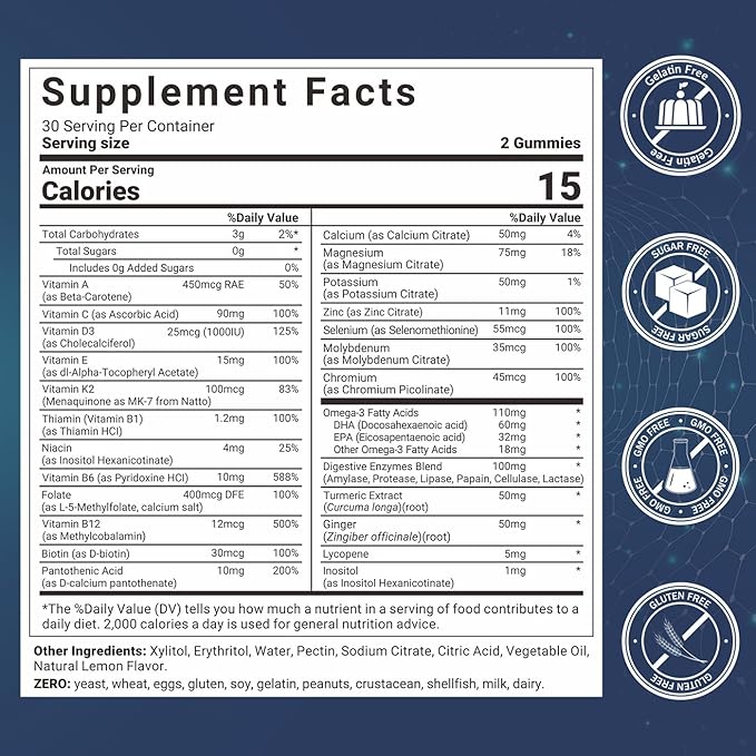 Mens Multivitamins Gummies, Methylated Multivitamin with Vitamins A C D K E, B Complex, Omega-3, Digestive Enzymes, Lycopene, Calcium, Magnesium - Support Brain, Muscle, Energy, Sugar Free, 120Cts