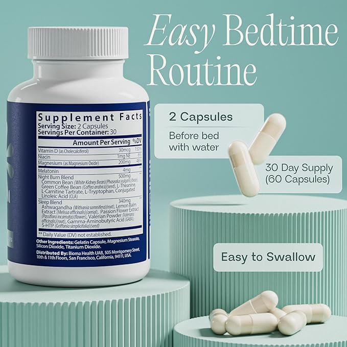 BIOMA Night Metabolism & Sleep - Supports Digestion, Energy Metabolism & Restful Sleep with Melatonin, Vitamin D, Magnesium & More - 180 Capsules (3 Pack, 90-Day Supply)