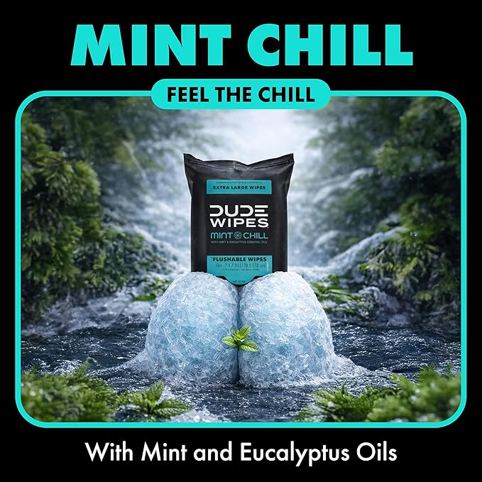 DUDE Wipes Mint Chill Travel Wipes - 6 Packs of 18 (108 Count) - Extra-Large Adult Flushable Wipes - Infused with Tea Tree Oil, Vitamin E, and Aloe - Septic and Sewer Safe