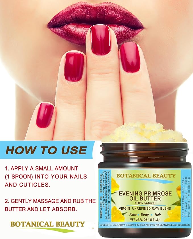 Botanical Beauty EVENING PRIMROSE OIL BUTTER Pure Natural Virgin Unrefined RAW for FACE, SKIN, BODY, DAMAGED HAIR, NAILS. (16 Fl Oz)