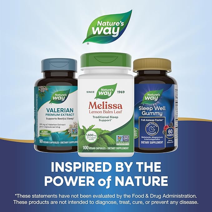 Nature's Way Melissa Lemon Balm Leaf, Traditional Sleep Support*, Melatonin Free, 1500 mg per 3-Capsule Serving, Non-GMO Project Verified, 100 Vegan Capsules (Packaging May Vary), (Pack of 2)