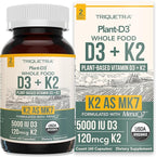 Organic Plant D3 + K2 | 5000 iu D3 + 120 mcg K2 as All-Trans MK7 from MenaQ7® - 100% Whole Food, Raw & Vegan | Enhanced Digestion with Prebiotic & Superfood Complex – D3 from Organic Algae (60 Count)