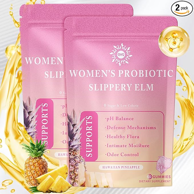 Women's Probiotic & Prebiotic Slippery Elm Gummies, Pineapple Gummies for Women pH, Gut Health & Immune System, Gluten-Free, Vegan Premium Feminine Balance Gummie, 60 Gummies(2 Pc)
