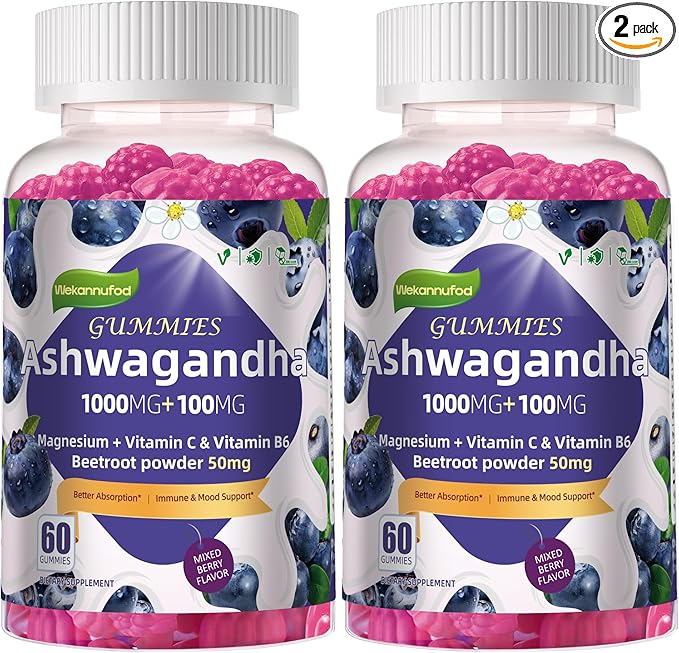 Wekannufod Ashwagandha Gummies 1000mg, 120 Count (2 Pack) – Organic Root Extract, Daily Adaptogen Gummies, Non-GMO, Sugar Free & Gluten Free