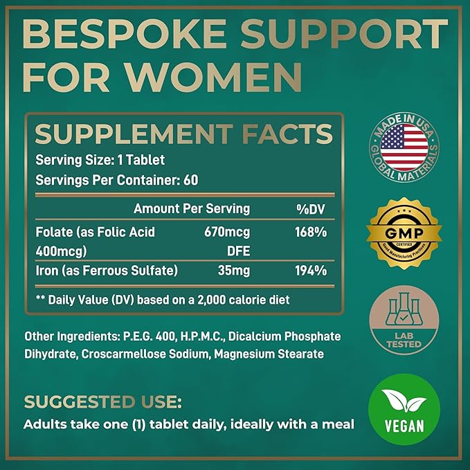 Vegan Iron Supplement for Women with Folic Acid - 35 mg Blood Builder Ferrous Sulfate, Folic Acid 400 mcg - Iron Pills for Women with Anemia & Pregnancy Support - 120 Gluten-Free Tablets - 2Pack