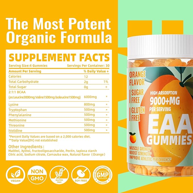 Pets Purest EAA Gummies 120 Gummies (Orange), Essential Amino Acids - All 9 Essential Aminos (EAA) and All Branched-Chain Aminos (BCAAs), Non-GMO, Gluten Free, Vegetarian Friendly