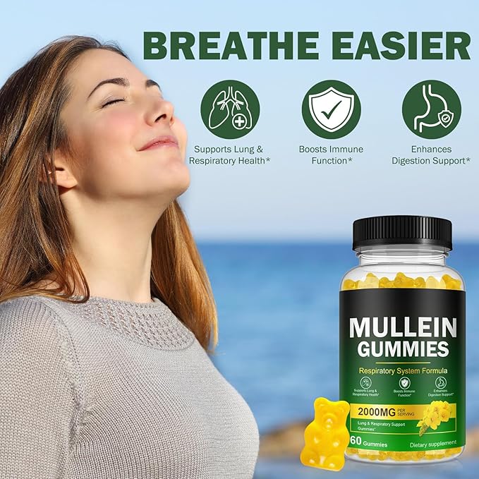 Mullein Gummies for Lungs, Mullein Extract for Smokers - Support Lung & Respiratory Health, Soothes Throat Irritation, Boost Immune - Mullein Leaf Extract for Lungs, Breathe Easier - 60pcs