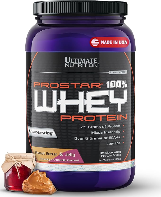 Ultimate Nutrition Prostar Whey Protein Powder Isolate, Peanut Butter & Jelly - Low Carb, High Protein Powder Shake for Muscle Gain & Recovery - Low Sodium, Low-Fat & Keto Friendly - 2 lbs Tub