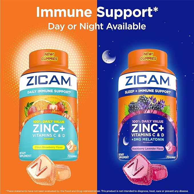Zicam Daily Immune Support,Gummy Supplement,Zinc,Vitamin C and Vitamin D,Citrus Strawberry Flavor,70 Count (Pack of 2)