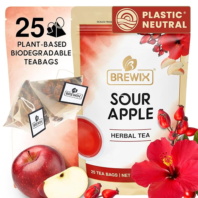 BREWIX, Sour Apple Hibiscus Tea Bags (25 Pyramid Tea Bags) Caffeine-Free Herbal Tea | Apple, Hibiscus, Rosehip | Refreshing Wellness Brew for Any Mood | Hot or Iced Refreshment