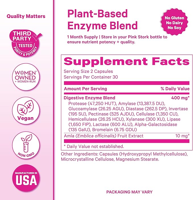 Pink Stork Digestive Enzymes for Women | Supports Digestion, Gut Health, Bloating Relief, Metabolism + Nutrient Absorption | GLP-1 Support | Vegan | 13 Enzymes + Amla Supplement | 60 Capsules