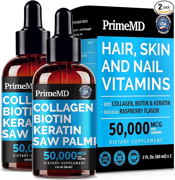 Liquid Collagen Peptides for Women - Serum Complex with Biotin Vitamin, Hydrolyzed Keratin Protein and Saw Palmetto - Comprehensive Formula for Hair, Skin, and Nails Wellness - 2fl oz (Pack of 2)