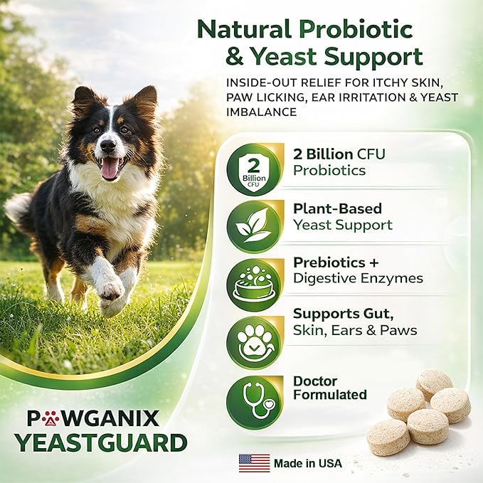 Probiotics for Dogs – Daily Support for Yeast Infection & Itchy Skin, Allergy, Paw Licking & Itchy Ears Relief – Pawganix YeastGuard Supplement (60 Chewable Tablets)