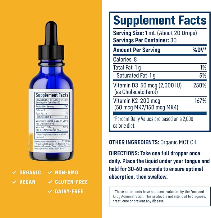 NativePath D3K2 Tincture – 2000IU Vitamin D3 and Vitamin K2 Supplement with Organic MCT Oil – 1 Fluid Ounce – Rapid Bioavailability Multi-Vitamin for Bone Strength and Total Body Wellness, 30 Servings