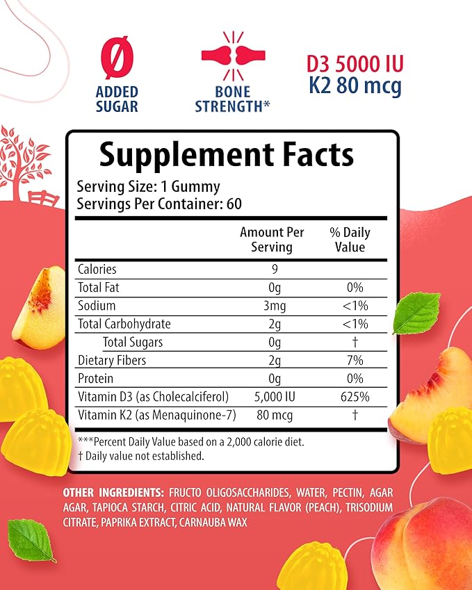 SUNNY SAM Sugar-Free Vitamin D3 K2 Gummies 5000 IU - Immune & Bone Support - Vitamin D Gummy Supplement for Adults - High-Absorption, Vegan, Halal, Gluten-Free Chewable Vitamins - 120 Count