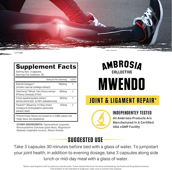 Ambrosia Mwendo Joint Support Supplement | BioCell Collagen, Tart Cherry & Cissus | Ligament, Tendon & Connective Tissue Support | ParActin for Mobility | 90 Veggie Capsules