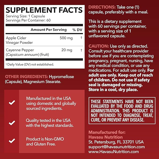 Apple Cider Vinegar Capsules with Cayenne Pepper - Bloating Relief and Appetite Suppressant - 500mg ACV and 20mg Capsicum Annuum Per Serving Unflavored - 60 Count - Vegan, Non-GMO - 2 Month Supply