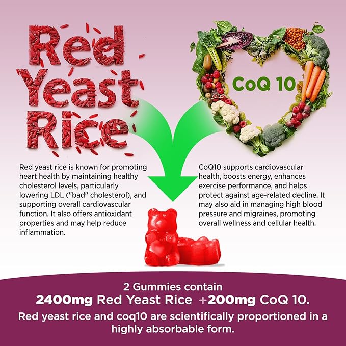 Hollgend Red Yeast Rice with Coq10 Gummies Sugar Free, Organic Red Yeast Rice 2400mg for Cholesterol Lowering Supplements, Enhanced with Coenzyme Q10 200mg for Heart Health Support, 60 Chewables