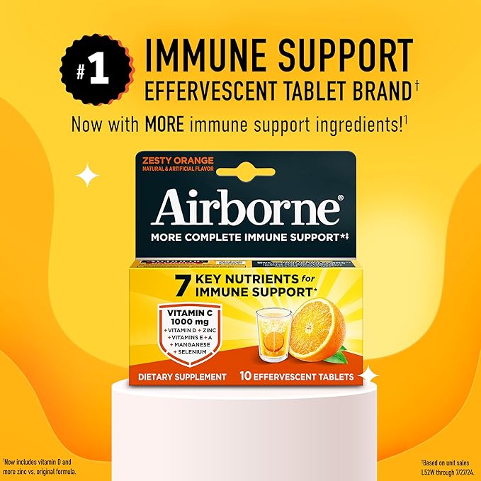 Airborne Immune Support Effervescent Tablets, Zesty Orange Flavor - 10ct with 1000mg Vitamin C + Vitamins A, D, E, Zinc, Selenium, Manganese & Herbal Blend - Sugar‑Free, Gluten‑Free
