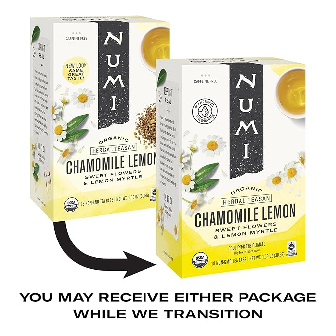 Numi Organic Chamomile Lemon Tea – 54 Herbal Tea Bags – Caffeine Free Calming Egyptian Chamomile & Lemon Myrtle – Caffeine Free Floral Citrus Herbal Tea