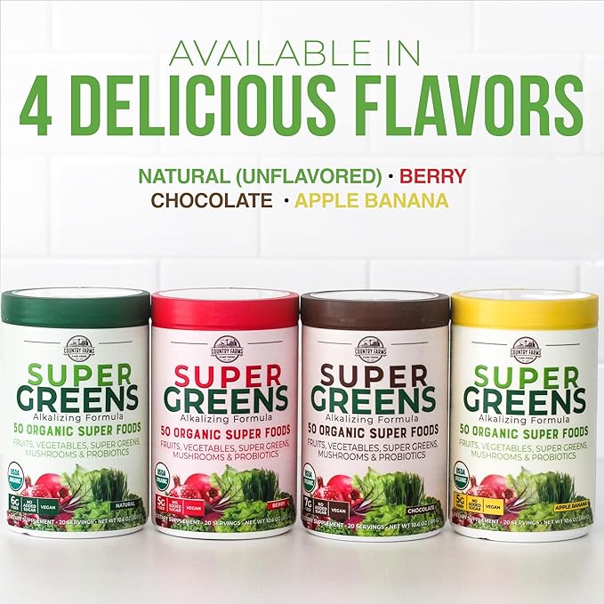 Country Farms Organic Super Greens Chocolate Flavor, 50 Organic Super Foods, USDA Organic Drink Mix, Packed with Fiber, Fruits, Vegetables, Mushrooms & Probiotics, Supports Energy, 7g Fiber
