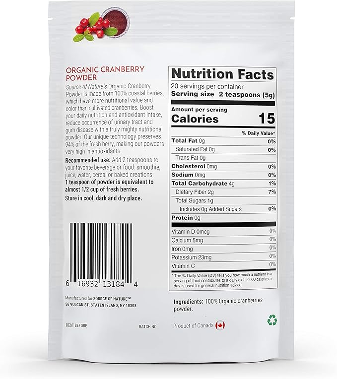 Source Of Nature Organic Cranberry Powder 3.5oz (100g) 100% Whole Berry; Not Extract, Not Concentrate, Not Juice Powder