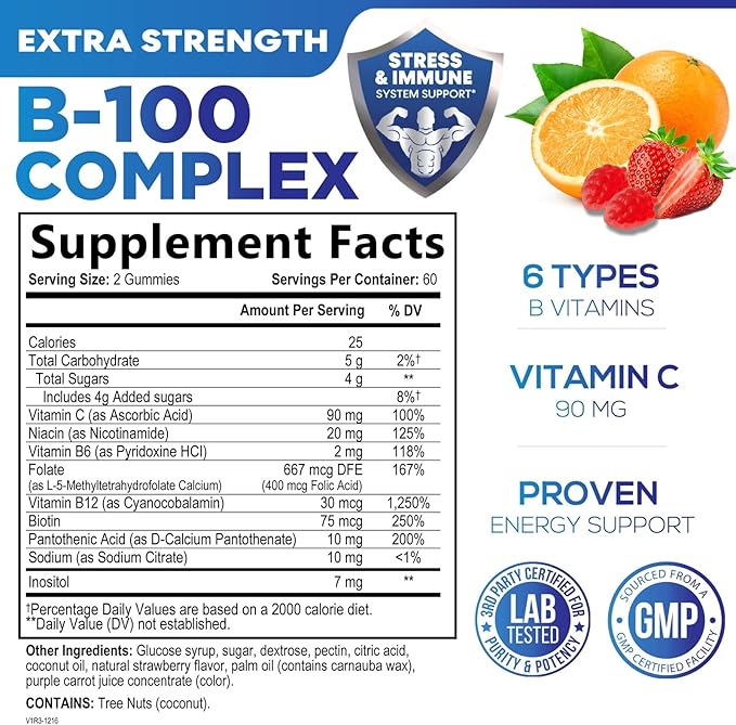 Vitamin B Complex Gummies - Extra Strength Super B Vitamin Gummy with Vitamin C For Immune Support - Energy Support Supplements with Folic Acid, Niacin, B6, B12 & Biotin for Men & Women - 120 Gummies
