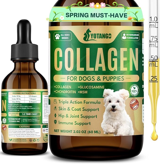 Liquid Collagen for Dogs, Natural Dog Collagen for Skin & Coat Support, Immune Support, Joint & Mobility Care with MSM, Middle-Aged and Older Dogs (Bacon Flavor - 60ml)