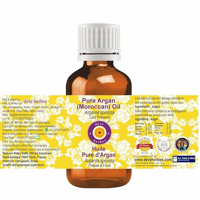 Deve Herbes Argan (Moroccan) Oil (Argania spinosa) | Cold Pressed | Pure | Natural | For Diluting Essential oils | For Hair, Skin & Massage | Non-Sticky | Lightweight | Unisex | 30ml (1 oz)