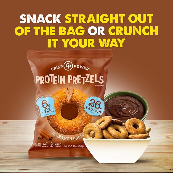 CRISP POWER Protein Pretzels, NEW Cinnamon Crunch, 26G Protein, High Protein Snack, High Fiber, Low Carb Crunchy Pretzel Snacks, No Added Sugar, 1.75 oz Bags, 6 Pack, Vegan, Keto