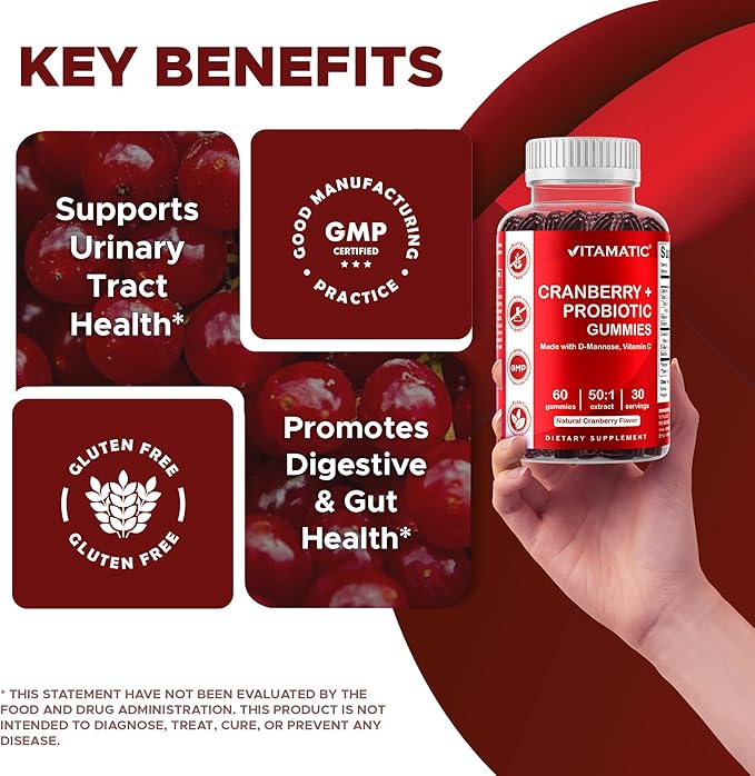 Vitamatic 2 Pack Cranberry Gummies with D-Mannose, Probiotics, Vitamin C – Plant-Based Botanical Extract – Vegan, Non-GMO – 60 Count