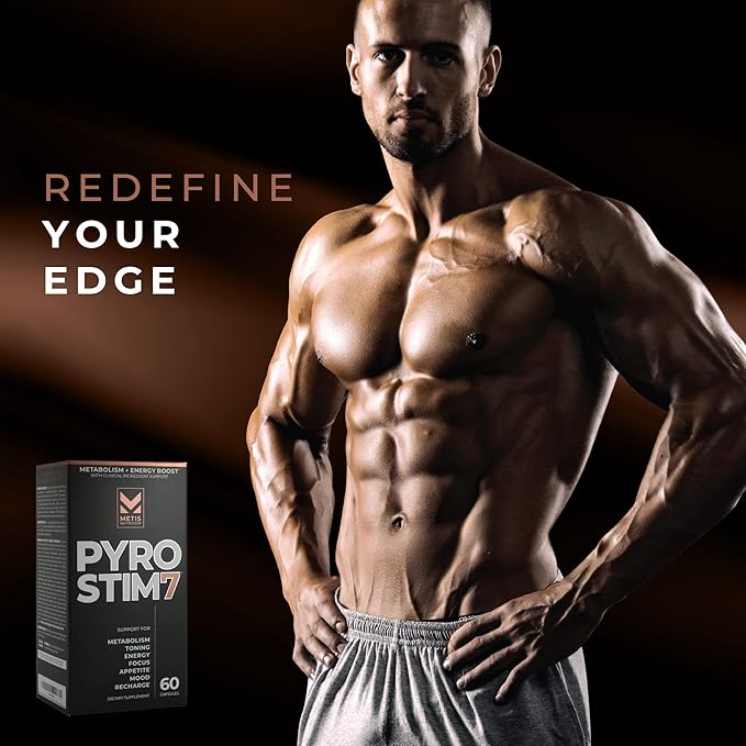 METISNutrition Pyro Stim 7 Metabolism Booster Fat Loss Support Energy Boost - Once-A-Day Thermogenic with Teacrine for Focus, Appetite Control, Muscle Toning, and Mood Control (60 Capsules)