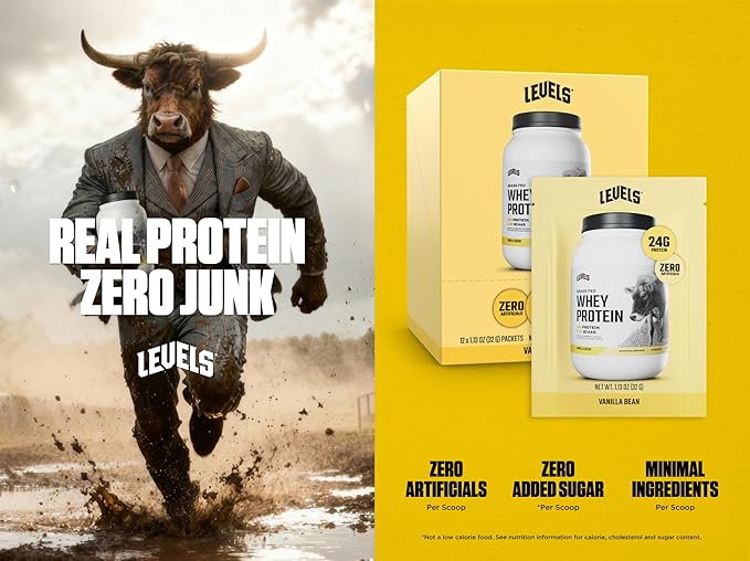 Levels Grass Fed Whey Protein Powder, No Artificials, 24G of Protein, Vanilla Bean, 12 Count