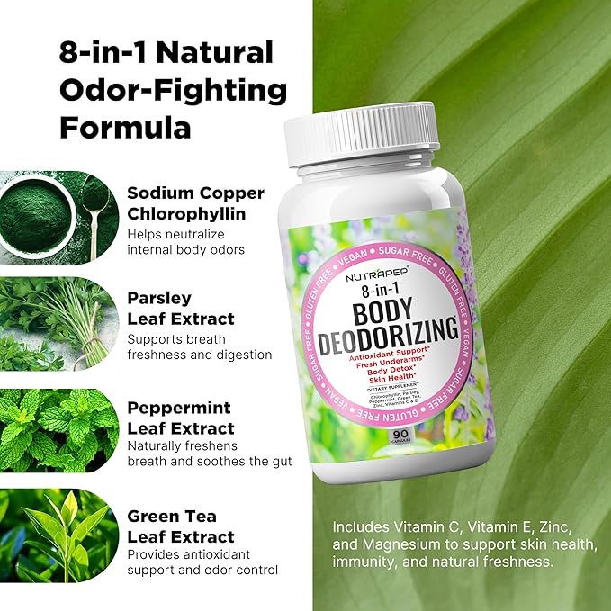 Body Deodorizing Supplement - Odor Eliminator & Internal Deodorant Pills for Fresh Breath Skin Health & Detox - Full Body Deodorizer Capsules with Chlorophyll Complex Vitamins