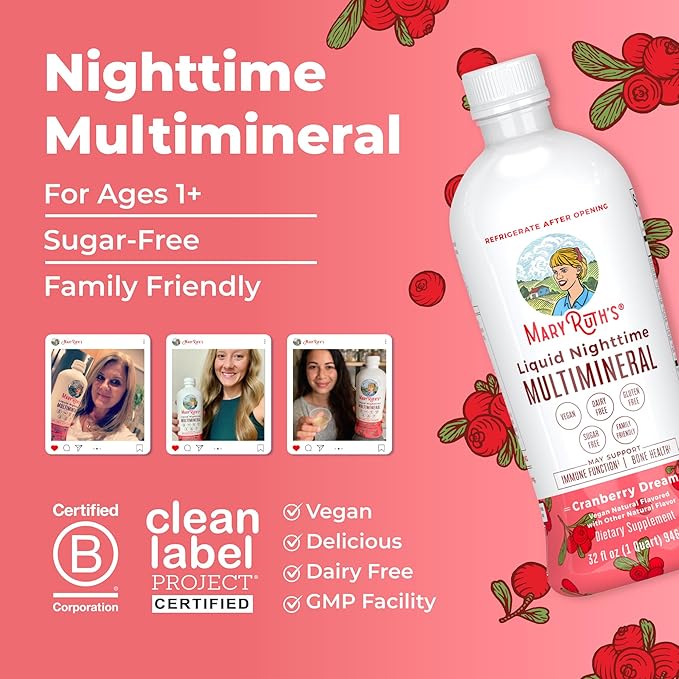 MaryRuth's Liquid Nighttime Multimineral | No Melatonin | Bedtime Routine | Magnesium Citrate | Calcium | Zinc | Vitamin D3| Available in 4 Flavor - Vegan | Sugar Free | Gluten Free | 32 Oz