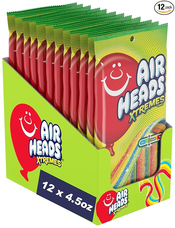 Airheads Xtremes Belts Candy, Chewy Candy Package, Rainbow Berry Fruit Flavor Artificially Flavored, 4.5 Ounces (12-Pack)