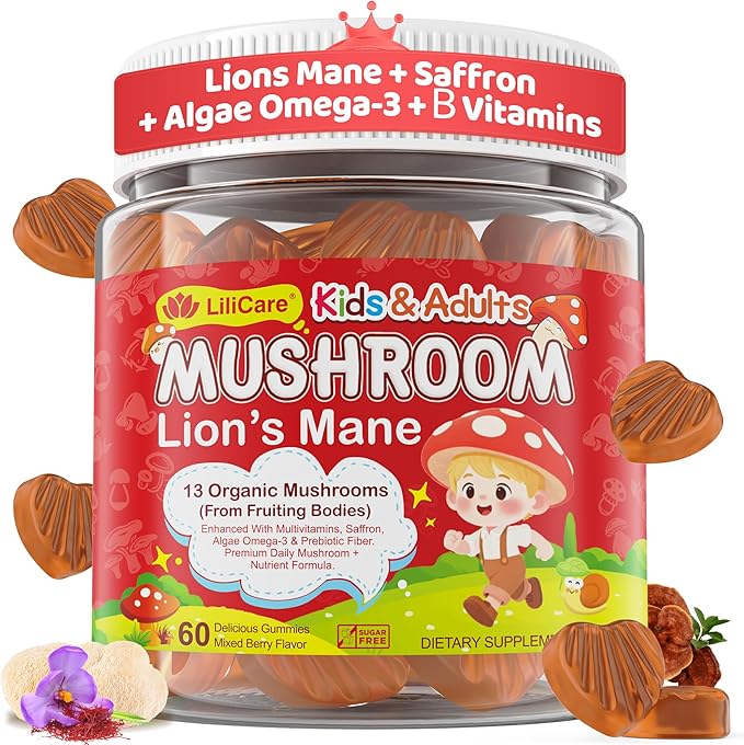Kids, Teens & Adults Focus Gummies - Lions Mane Mushroom + Saffron + Algae Omega-3, 24-IN-1 Attention Supplement with Chaga, Magnesium, Methylated B12, B6 for Brain, Memory, Energy, Sugar Free, 60Cts