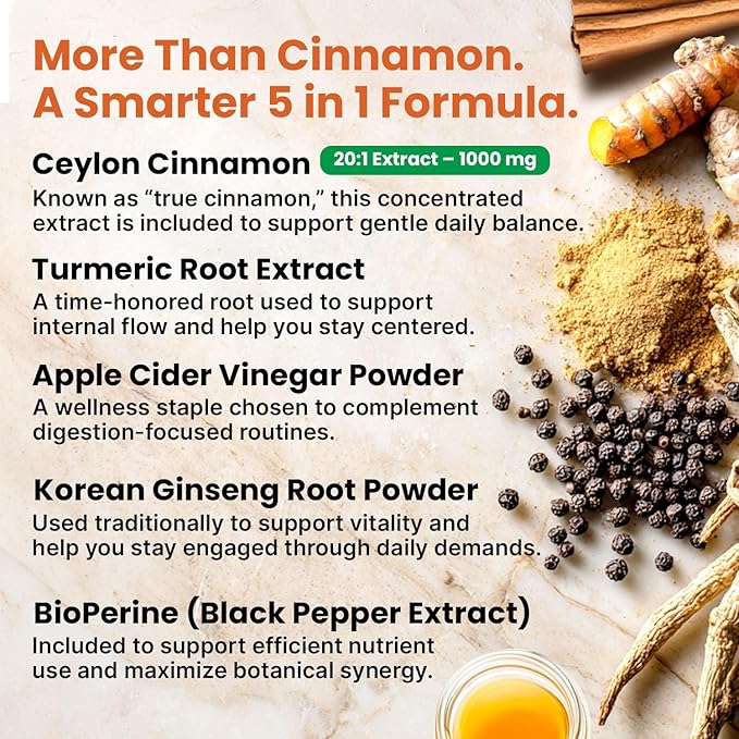 5-in-1 Ceylon Cinnamon Powder Extra Strength – Organic Ceylon Cinnamon Capsules with Turmeric, Apple Cider Vinegar, Korean Ginseng & BioPerine for Metabolism & Energy Support Pills (120 Ct, 3 Pack)