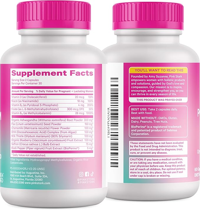 Pink Stork Postpartum Mood Support - Postnatal Hormone Balance for Women - Breastfeeding Friendly - Stress & Cognitive Support, New Mom Essentials - Ashwagandha, Chamomile, & Vitamin D, 60 Capsules