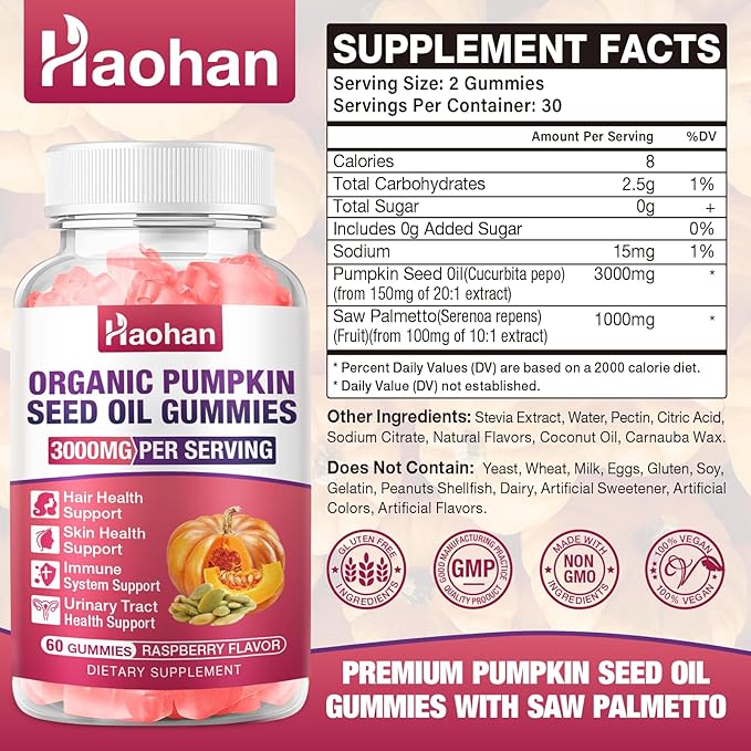Haohan Pumpkin Seed Oil Gummies with Saw Palmetto for Hair Growth in Women & Men - Organic Hair Skin & Nails Supplement with High-Purity Extract - Sugar-Free, Non-GMO, Raspberry Flavor, 60 Count