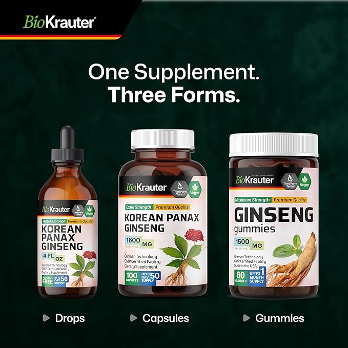 BIO KRAUTER® Ginseng Supplement - Pure Vegan Liquid Drops Korean Red Ginseng 696 mg per Serving 4 Fl.Oz 56-Day Supply - Used for Energy, Focus, Performance & Immune Support - Alcohol & Sugar Free