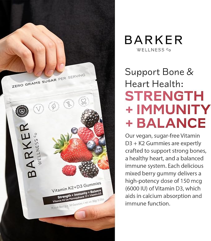 Barker Wellness D3 K2 Vitamin Gummies – Max Potency 6000IU D3 + 200mcg K2 for Strong Bones, Cardiovascular Wellness, Immune Support | Vegan, Sugar-Free, Delicious Mixed Berry | 30 Servings