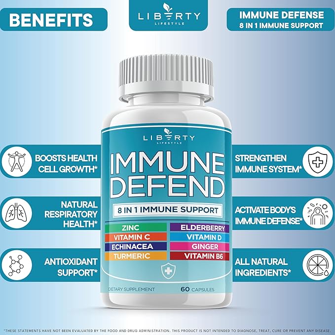 8 in 1 Immune Supplement with Echinacea, Vitamin C and Zinc 50mg, Vitamin D 5000 IU, Turmeric Curcumin & Ginger, B6, Elderberry, 60 Capsules