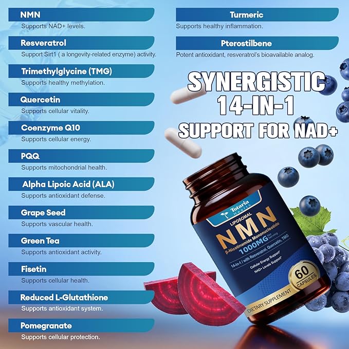 Totaria Liposomal NMN Supplement 1000mg, 14-in-1 NMN Resveratrol Complex with CoQ10, TMG, Quercetin, ALA, PQQ, Support NAD Levels, Cellular Energy & Healthy Aging, 60 Capsules, cGMP, Filler Free