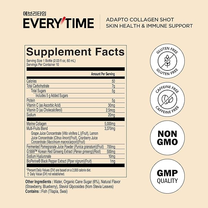 JUNG KWAN JANG Everytime Adapto Collagen Shot - Skin and Sleep Support - Liquid Adaptogen Drink with Marine Collagen, Passion Fruit, Chamomile NAD L-Theanine - Gluten Free (10 Bottles, 2.03 fl oz)