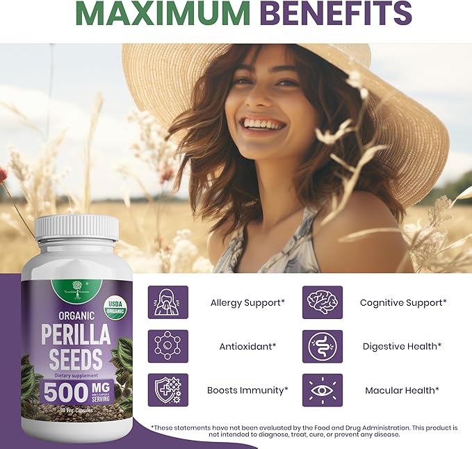 Organic Perilla Seed Extract with 9% Rosmarinic Acid - USDA Certified - Allergy Relief, Respiratory and Immunity Booster- Th2 Cytokines, Naturally Occurring Luteolin - 500mg 90 capsules